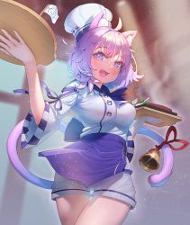 Rule 34 | 1girl, absurdres, ahoge, animal ear fluff, animal ears, apron, bell, blurry, blurry background, blush, breasts, cat ears, cat girl, cat tail, chef, chef hat, colored inner hair, cowboy shot, crossed bangs, cucumbear073, fang, flag, food, from below, glint, gluteal fold, hair between eyes, hat, highres, holding, holding tray, hololive, hololive gamers, large breasts, long sleeves, looking at viewer, messy hair, multicolored hair, neckerchief, nekomata okayu, open mouth, purple eyes, purple hair, ribbon-trimmed sleeves, ribbon trim, shirt, short hair, short shorts, shorts, smile, solo, sparkle, striped, tail, tail bell, tail ornament, taut clothes, taut shirt, thigh gap, tray, tsurime, virtual youtuber, waist apron, walking, white shirt, white shorts, wide sleeves