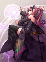 Rule 34 | 1girl, boots, bug, butterfly, detached sleeves, dress, goth fashion, bug, jewelry, long hair, lying, nail polish, on side, original, patipat asavasena, pink hair, ponytail, purple nails, ring, solo, thighhighs, wings, yellow eyes