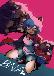 Rule 34 | 1girl, animal ears, bad id, bad pixiv id, blue hair, blue shorts, body fur, brand new animal, claws, clenched hand, clip studio paint (medium), copyright name, fang, full body, furry, furry female, jacket, kagemori michiru, kurokiri6630, looking at viewer, motion blur, open mouth, pink background, punching, raccoon ears, raccoon girl, raccoon tail, red jacket, shirt, shoes, short hair, short shorts, shorts, simple background, sneakers, solo, tail, track jacket, white shirt
