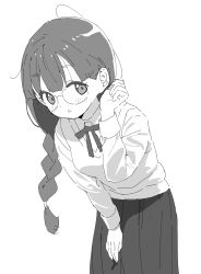 Rule 34 | 1girl, :o, adjusting hair, blunt bangs, blush, braid, clenched hand, do it yourself!!, dot nose, feet out of frame, glasses, greyscale, hair behind ear, tucking hair, hand on own knee, hand up, highres, hikage takumi, leaning forward, long hair, long sleeves, looking at viewer, looking to the side, looking up, monochrome, neck ribbon, oda ya ka, parted lips, pleated skirt, ribbon, round eyewear, school uniform, semi-rimless eyewear, side braid, simple background, single braid, skirt, solo, standing, sweater vest, tareme, under-rim eyewear, white background