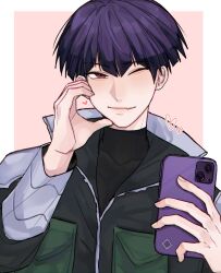 Rule 34 | 1boy, black shirt, cellphone, closed mouth, gannider, heart, highres, holding, holding phone, hoshina soshiro, jacket, kaijuu no. 8, looking at viewer, male focus, one eye closed, phone, pink background, purple hair, red eyes, shirt, simple background, smartphone, smile, upper body