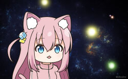 Rule 34 | 1girl, animal ear fluff, animal ears, blue eyes, bocchi the rock!, cat ears, cat girl, cat tail, commentary request, cube hair ornament, gotoh hitori, hair between eyes, hair ornament, jacket, meme, mitya, one side up, open mouth, pink hair, pink jacket, sidelocks, solo, space, space cat (meme), tail, track jacket, twitter username, upper body
