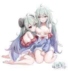 Rule 34 | + +, 2girls, artist request, bare shoulders, barefoot, black sclera, blush, breast sucking, breasts, chinese commentary, clothes pull, colored sclera, commentary request, commission, dress, dress pull, gradient hair, green hair, heterochromia, highres, long hair, long sleeves, looking at another, looking at viewer, medium breasts, mismatched sclera, multicolored hair, multiple girls, nipples, original, parted lips, purple dress, purple eyes, purple hair, red eyes, second-party source, seiza, simple background, sitting, small breasts, watermark, white background, white dress, yuri