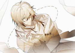 Rule 34 | 1boy, absurdres, alkaid mcgrath, blonde hair, brown hair, closed mouth, colored tips, cowboy shot, dotted line, gloves, green eyes, hair between eyes, half mask, hand on own arm, highres, holding, holding mask, jacket, kazenemuri, long sleeves, looking at viewer, lovebrush chronicles, male focus, mandarin collar, mask, medium hair, multicolored hair, pants, see-through, see-through shawl, shawl, shirt, simple background, sitting, smile, solo, unworn mask, white background, white gloves, white jacket, white pants, white shirt, yellow shawl