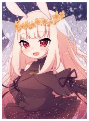 Rule 34 | 1girl, :d, animal ears, bare shoulders, blonde hair, blush, borrowed character, brown dress, commentary request, dress, fang, flower, hair flower, hair ornament, highres, long hair, looking at viewer, open mouth, orange flower, original, rabbit ears, red eyes, rensei, smile, solo, transparent, very long hair