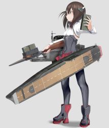 Rule 34 | 1girl, black pantyhose, boots, bow (weapon), breasts, brown eyes, brown hair, crossbow, flight deck, fujibejifu, full body, grey background, headband, headgear, holding, kantai collection, long sleeves, pantyhose, red skirt, rigging, short hair, simple background, skirt, small breasts, smile, solo, standing, taihou (kancolle), weapon