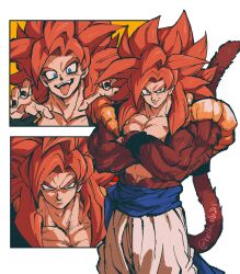 Rule 34 | 1boy, absurdres, artist name, baggy pants, biceps, black nails, black vest, black wristband, blue eyes, blue sash, body fur, collarbone, cowboy shot, dragon ball, dragon ball gt, fingernails, glaring, gogeta, hands up, highres, long hair, looking at viewer, male focus, metamoran vest, monkey tail, multiple views, muscular, muscular male, open clothes, open mouth, open vest, pants, parted lips, pectorals, red fur, red hair, relio db318, sash, serious, simple background, smile, solo, spiked hair, standing, super saiyan, super saiyan 4, tail, teeth, tongue, tongue out, twitter username, upper teeth only, v-shaped eyebrows, veins, vest, white background, white pants, wristband