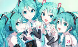 Rule 34 | 4girls, absurdres, aqua eyes, aqua hair, aqua nails, aqua necktie, arm tattoo, character name, collared shirt, commentary request, detached sleeves, finger counting, grin, hair ornament, hatsune miku, hatsune miku (nt), hatsune miku (vocaloid3), hatsune miku (vocaloid4), headphones, headset, highres, index finger raised, itogari, long hair, looking at viewer, middle w, multiple girls, nail polish, necktie, number tattoo, open mouth, parted lips, shirt, sleeveless, sleeveless shirt, smile, tattoo, teeth, tie clip, twintails, upper body, v, vocaloid, w, white shirt, wide sleeves