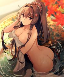 Rule 34 | 1girl, ass, autumn leaves, bad anatomy, bath, bathing, breast hold, breasts, brown hair, cleavage, collarbone, covering privates, flower, hair between eyes, hair flower, hair intakes, hair ornament, highres, kantai collection, kasumi (skchkko), large breasts, long hair, looking at viewer, looking up, nude cover, onsen, outdoors, partially submerged, ponytail, reflection, ripples, rock, smile, solo, towel, tree, very long hair, wading, water, water spring, wet, yamato (kancolle)