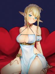Rule 34 | 1girl, absurdres, ahoge, bare legs, blue background, blue dress, blue eyes, blush, bracer, braid, breasts, cleavage, closed mouth, colored eyelashes, commentary request, detached sleeves, dress, elf, halter dress, halterneck, head tilt, heart, heart-shaped pillow, highres, huge filesize, kneeling, large breasts, long hair, looking at viewer, maid headdress, nezuko, o-ring dress, original, pillow, pointy ears, puffy short sleeves, puffy sleeves, sandals, short sleeves, sidelocks, simple background, single braid, solo, thighs