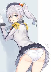 Rule 34 | 1girl, against wall, ass, bad id, bad twitter id, black skirt, blue eyes, commentary request, cowboy shot, epaulettes, flying sweatdrops, frilled skirt, frills, from behind, gloves, highres, jacket, kantai collection, kashima (kancolle), long sleeves, looking back, military, military jacket, military uniform, miniskirt, nonon (xenonbot), panties, pleated skirt, red neckwear, sidelocks, silver hair, skirt, solo, twintails, underwear, uniform, wavy hair, white gloves, white jacket, white panties