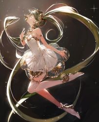 Rule 34 | 1girl, absurdly long hair, absurdres, armlet, asymmetrical legwear, bare shoulders, black background, boots, bow, bowtie, choker, closed eyes, closed mouth, dress, facing up, feiemmm, from side, full body, gold trim, green hair, hair ornament, hand up, hatsune miku, highres, long hair, miku symphony (vocaloid), profile, ribbon, see-through, shoes, short dress, socks, solo, sparkle, strapless, strapless dress, tears, thigh boots, thighhighs, twintails, very long hair, vocaloid, white dress, white footwear, white socks, yellow bow, yellow bowtie