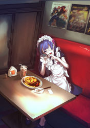 Rule 34 | 1girl, :d, absurdres, apron, booth seating, cup, drinking glass, drinking straw, eyepatch, food, frills, heart, heart hands, highres, long hair, looking at viewer, maid, maid apron, napkin, omelet, omurice, open mouth, original, poster (object), purple eyes, purple hair, sitting, smile, solo, spoon, table, teeth, white legwear, yelsh