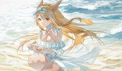Rule 34 | 1girl, animal ears, bikini, blonde hair, blue bikini, blue ribbon, blue sarong, breasts, cat ears, cat tail, choker, cleavage, closed mouth, eyebrows hidden by hair, feet out of frame, final fantasy, final fantasy xiv, floating hair, frilled choker, frills, green eyes, hair between eyes, hair ribbon, highres, holding, large breasts, lips, long hair, looking at viewer, miqo&#039;te, mole, ocean, rff (3 percent), ribbon, sarong, seashell, see-through sarong, shell, smile, solo, swimsuit, tail, warrior of light (ff14)