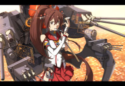 Rule 34 | 10s, 1girl, anchor, bad id, bad pixiv id, brown eyes, brown hair, cannon, cherry blossoms, detached sleeves, flower, hair flower, hair ornament, heads-up display, holographic monitor, ido (teketeke), kantai collection, letterboxed, long hair, machinery, mouth hold, oil-paper umbrella, personification, ponytail, single sleeve, skirt, solo, torn clothes, torn skirt, torn umbrella, turret, umbrella, very long hair, wrist wrap, yamato (kancolle)