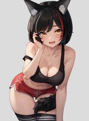 Rule 34 | 1girl, absurdres, animal ear fluff, animal ears, bare arms, bare shoulders, black hair, black sports bra, black thighhighs, bluefield, breasts, cleavage, collarbone, dolphin shorts, grey background, hand up, highres, hololive, large breasts, leaning forward, light blush, looking at viewer, midriff, multicolored hair, navel, ookami mio, open mouth, red hair, red shorts, short hair, short shorts, shorts, simple background, smile, solo, sports bra, strap slip, streaked hair, tail, tail around own leg, tail wrap, teeth, thigh gap, thighhighs, thighs, upper teeth only, virtual youtuber, white hair, wolf ears, wolf girl, wolf tail, yellow eyes