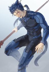 Rule 34 | 1boy, animal ears, armor, artist name, black bodysuit, blue hair, bodysuit, cat boy, cat ears, cat tail, commentary request, covered abs, covered navel, crossover, cu chulainn (fate), cu chulainn (fate/stay night), earrings, fang, fate/stay night, fate (series), final fantasy, final fantasy xiv, foot out of frame, gae bolg (fate), gradient background, grey background, highres, holding, holding weapon, jewelry, kemonomimi mode, long hair, long sleeves, looking at viewer, male focus, mondi hl, polearm, ponytail, red eyes, shoulder plates, smile, solo, spear, tail, twitter username, weapon