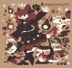 Rule 34 | 1girl, :3, animal ears, bell, black bow, black eyes, black footwear, black shirt, black skirt, bow, braid, buttons, cat ears, cat tail, closed mouth, commentary, flame-tipped tail, flower, frilled sleeves, frills, full body, hair bow, hitodama, jingle bell, kaenbyou rin, long hair, long sleeves, multiple tails, neck bell, no lineart, outstretched arms, paw print, red hair, reiuji utsuho, reiuji utsuho (bird), rose, shirt, shovel, signature, skeletal hand, skirt, solo, sparkle, tail, thatpebble, tombstone, touhou, twin braids, two tails, wheelbarrow