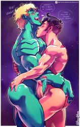 Rule 34 | 2boys, alt text, ass grab, bara, beaugilliam, blonde hair, colored skin, completely nude, couple, earrings, english text, erection, foreskin, grabbing another&#039;s ass, green skin, groping, highres, hulkling, interracial, jewelry, kiss, kissing neck, laughing, long sideburns, male focus, male pubic hair, marvel, multiple boys, muscular, muscular male, nude, paid reward available, pectoral docking, pectoral press, pectorals, penis, penises touching, pubic hair, short hair, sideburns, smile, star (symbol), starry background, thick thighs, thighs, uncensored, veins, veiny penis, wiccan, yaoi