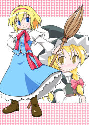 Rule 34 | 2girls, alice margatroid, belt, blonde hair, blue dress, blue eyes, boots, bow, bowtie, braid, broom, brown eyes, brown footwear, capelet, closed mouth, dress, female focus, frills, full body, hat, kirisame marisa, knee boots, long sleeves, looking at viewer, multiple girls, red bow, red bowtie, shaomin, single braid, smile, standing, touhou, vest, witch hat