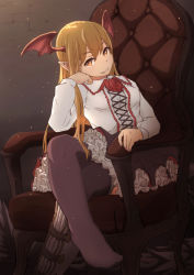 Rule 34 | 10s, 1girl, arm support, armchair, bad id, bad pixiv id, black thighhighs, blonde hair, blouse, boots, chair, collar, collared shirt, crossed legs, fang, fang out, fingernails, frilled collar, frilled shirt collar, frilled skirt, frills, granblue fantasy, head rest, head tilt, head wings, highres, laces, long hair, long sleeves, looking at viewer, petticoat, pointy ears, re:re:re:, shingeki no bahamut, shirt, shoes, single boot, single shoe, sitting, skirt, smile, solo, thighhighs, vampy, wings, yellow eyes