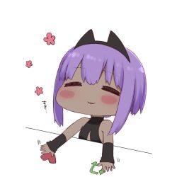Rule 34 | 1girl, = =, arrow (symbol), bare shoulders, black leotard, blush stickers, bongo cat, closed eyes, dark-skinned female, dark skin, facing viewer, fate/prototype, fate/prototype: fragments of blue and silver, fate (series), flower, hassan of serenity (fate), heart, i.u.y, leotard, meme, outstretched arms, parted lips, purple hair, red flower, sidelocks, simple background, solo, twitter username, white background