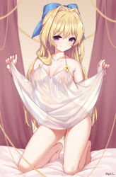 Rule 34 | 1girl, :q, artist name, bare legs, bare shoulders, barefoot, bed sheet, blonde hair, blue bow, blush, bow, breasts, breasts apart, closed mouth, collarbone, commentary request, covered erect nipples, full moon, hair bow, hair intakes, highres, kneeling, kono yuusha ga ore tueee kuse ni shinchou sugiru, long hair, looking at viewer, moon, neps-l, nightgown, no bra, no panties, purple hair, pussy, ristarte (kono yuusha ga ore tueee kuse ni shinchou sugiru), seductive smile, see-through silhouette, smile, solo, tongue, tongue out, very long hair