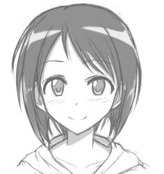 Rule 34 | 1girl, blush, bob cut, casual, close-up, closed mouth, collarbone, commentary, cyde, greyscale, hood, hood down, hoodie, looking at viewer, love hina, maehara shinobu, monochrome, portrait, short hair, simple background, sketch, smile, solo, white background
