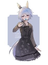 Rule 34 | 1girl, absurdres, alternate costume, animal ears, artist logo, black dress, blue hair, blush, bow, bowtie, candy, closed mouth, covering own mouth, cropped legs, dated, dress, ear covers, food, highres, holding, holding candy, holding food, holding lollipop, horse ears, horse girl, horse tail, k.s.miracle (umamusume), lollipop, long sleeves, medium hair, purple eyes, saramiao-chan, solo, tail, translation request, umamusume