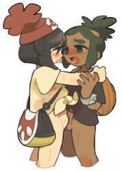 Rule 34 | 1boy, 1girl, after kiss, backpack, bag, bar censor, beanie, black hair, black shirt, blush, bottomless, censored, cowboy shot, creatures (company), dark-skinned male, dark green hair, dark skin, erection, french kiss, from side, furrowed brow, game freak, green eyes, green hair, half-closed eyes, hand on another&#039;s arm, hand on another&#039;s shoulder, hat, hau (pokemon), jitome, kinni, kiss, looking at another, matching hair/eyes, nintendo, nose blush, open mouth, oversized clothes, penis, pokemon, pokemon sm, red headwear, selene (pokemon), shirt, short male, shoulder bag, simple background, stomach bulge, sweat, tareme, tearing up, thick eyebrows, tongue, tongue out, transparent background, watch, yellow shirt
