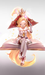 Rule 34 | 1girl, absurdly long hair, arcanist zoe, blonde hair, book, closed eyes, fur trim, gem, giant book, gloves, gold trim, hat, highres, kezi, league of legends, long hair, open mouth, signature, simple background, sitting, sparkle, very long hair, wand, wizard hat, zoe (league of legends)