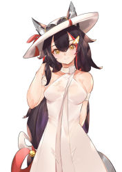 Rule 34 | 1girl, alternate costume, animal ear fluff, animal ears, armband, bell, black hair, blush, breasts, closed mouth, commentary, cowboy shot, dress, english commentary, eyelashes, eyewear on headwear, hair between eyes, hair ornament, hand in own hair, hat, head tilt, hololive, kouhaku nawa, long hair, looking at viewer, majo (pastamajo), medium breasts, multicolored hair, ookami mio, red hair, rope, shimenawa, simple background, sleeveless, sleeveless dress, smile, solo, streaked hair, sun hat, sunglasses, two-tone hair, virtual youtuber, white background, white dress, white hat, wolf ears, yellow eyes