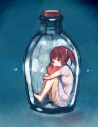 Rule 34 | 1girl, absurdres, barefoot, blue background, blunt bangs, blush, bottle, brown hair, cork, dress, from side, full body, glass, glass bottle, grey eyes, heart, heart-shaped pillow, highres, in bottle, in container, knees up, legs together, light frown, looking at viewer, medium hair, hugging object, original, pillow, pillow hug, pink dress, sad, sencha (senta 10), short dress, short sleeves, sitting, solo, twintails