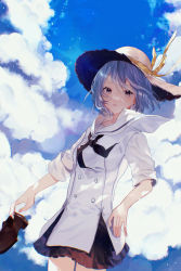Rule 34 | 1girl, absurdres, black neckerchief, black skirt, blue eyes, blue hair, blue sky, breasts, brown footwear, cloud, cloudy sky, commentary request, cowboy shot, dutch angle, hair between eyes, hat, hat ribbon, highres, holding, holding clothes, holding footwear, iwai ku tsuki, light rays, looking at viewer, neckerchief, open mouth, original, outdoors, pleated skirt, ribbon, sailor collar, short hair, skirt, sky, sleeves rolled up, small breasts, solo, white hat, white sailor collar, yellow ribbon