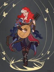Rule 34 | 1girl, blue eyes, blush, breasts, curly hair, divinity: original sin 2, eyeshadow, fingernails, freckles, grin, highres, instrument, lips, lohse, looking at viewer, lute (instrument), lying, makeup, multicolored hair, nail polish, nude, red hair, red nails, shiny skin, short hair, smile, white hair