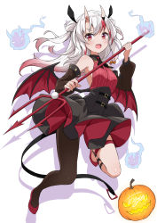 Rule 34 | 1girl, absurdres, asanaya, bat wings, black legwear, blush, bridal garter, commentary request, detached sleeves, double bun, full body, hair bun, halloween, highres, holding, holding polearm, holding weapon, hololive, horns, jack-o&#039;-lantern, long hair, looking at viewer, nakiri ayame, open mouth, orange background, polearm, pumpkin, red eyes, red footwear, shoes, simple background, single leg pantyhose, solo, thigh strap, trident, virtual youtuber, weapon, white hair, wings
