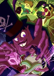 Rule 34 | 2boys, arai hiroki, black hair, dark-skinned male, dark skin, dr facilier, drum, evil smile, facial hair, formal, hat, highres, instrument, looking at another, male focus, mask, multicolored background, multiple boys, mustache, naveen, needle, open mouth, outstretched arm, purple eyes, restrained, smile, snake, suit, the princess and the frog, top hat, voodoo doll, wavy hair