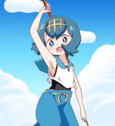Rule 34 | 1girl, :d, arm up, armpits, blue eyes, blue hair, blue pants, blue sailor collar, blush, cloud, collarbone, commentary request, covered navel, creatures (company), day, game freak, gold hairband, hairband, happy, holding, lana (pokemon), looking at viewer, nintendo, no sclera, one-piece swimsuit, open mouth, owlz, pants, pokemon, pokemon sm, sailor collar, shirt, short hair, sky, sleeveless, smile, solo, swimsuit, swimsuit under clothes, trial captain