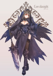 Rule 34 | 1girl, artist name, black dress, black gloves, black thighhighs, breasts, byuura (sonofelice), character name, cleavage, corviknight, creatures (company), dress, female focus, full body, game freak, garter straps, gen 8 pokemon, gloves, grey hair, holding, holding weapon, hood, long sleeves, medium breasts, nintendo, personification, pokemon, red eyes, short hair, simple background, solo, standing, thighhighs, weapon, white background, wide sleeves