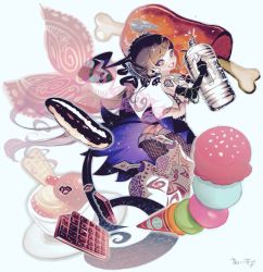 Rule 34 | 1girl, ass, bonned meat, bottle, candy, chocolate, dress, fishnets, food, grin, ice cream, ippatu, meat, original, signature, smile