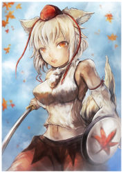 Rule 34 | 1girl, animal ears, autumn leaves, breasts, detached sleeves, hat, highres, inubashiri momiji, leaf, looking at viewer, midriff, navel, open mouth, pom pom (clothes), red eyes, shield, short hair, silver hair, skirt, solo, sword, tail, tokin hat, tomoichi, touhou, weapon, wolf ears, wolf tail