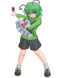 Rule 34 | 1girl, androgynous, antennae, between fingers, card, cosplay, duel disk, female focus, full body, glasses, green eyes, green hair, highres, holding, holding card, insector haga, insector haga (cosplay), kuro suto sukii, matching hair/eyes, pile of cards, reverse trap, short hair, shorts, simple background, solo, standing, touhou, white background, wriggle nightbug, yu-gi-oh!, yu-gi-oh! duel monsters