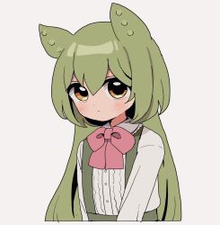 Rule 34 | 1girl, blush, bow, bowtie, buttons, closed mouth, collared shirt, cropped arms, cropped torso, furrowed brow, green hair, hair between eyes, hair down, highres, light blush, long hair, looking at viewer, nekokawaii milk, orange eyes, pink bow, shirt, solo, suspenders, upper body, upturned eyes, voicevox, zundamon