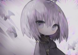 Rule 34 | 1girl, ahoge, animal, bad id, bad pixiv id, bat (animal), black robe, brown scarf, chibi, commentary request, cottontailtokki, hair between eyes, hair ornament, hand up, long sleeves, looking at viewer, parted lips, purple eyes, purple hair, robe, scarf, shadowverse, shingeki no bahamut, solo, spinaria (shingeki no bahamut), upper body, wide sleeves
