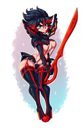 Rule 34 | 1girl, absurdres, black hair, blush, boots, breasts, closed mouth, darknud, full body, gloves, hair between eyes, hair ornament, high heel boots, high heels, highres, kill la kill, large breasts, long sleeves, looking at viewer, matoi ryuuko, midriff, multicolored hair, purple eyes, red hair, revealing clothes, senketsu, skirt, solo, thigh boots, thighhighs, two-tone hair, underboob, white background, wide hips