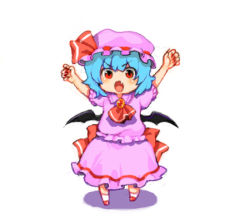 Rule 34 | 1girl, arms up, ascot, bad id, bad pixiv id, bat wings, blue hair, chibi, fang, female focus, hat, hizuki akira, looking at viewer, lowres, open mouth, outstretched arms, red eyes, remilia scarlet, short hair, solo, touhou, wings