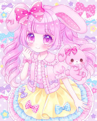 Rule 34 | 1girl, animal ears, blunt bangs, blush, bonbonribbon, bow, center frills, closed mouth, collared shirt, commentary request, frilled skirt, frills, hair bow, hand up, highres, himetsuki luna, long hair, looking at viewer, open clothes, open shirt, pink hair, pink shirt, plaid, plaid bow, plaid shirt, pleated skirt, polka dot, polka dot bow, puffy short sleeves, puffy sleeves, purple bow, purple eyes, rabbit ears, red bow, sanrio, shirt, short sleeves, signature, skirt, smile, stuffed animal, stuffed rabbit, stuffed toy, twintails, twitter username, very long hair, yellow skirt, yume kawaii