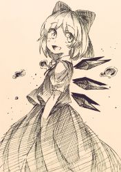 Rule 34 | 1girl, :d, bad id, bad twitter id, ballpoint pen (medium), blush, bow, cirno, collared shirt, water drop, hair bow, highres, ice, ice wings, iiha toobu, long hair, monochrome, open mouth, puffy short sleeves, puffy sleeves, shirt, short hair, short sleeves, sketch, skirt, skirt set, smile, solo, touhou, traditional media, vest, water, wings
