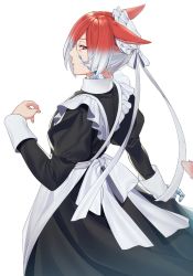Rule 34 | 1boy, animal ears, anohito (asn), apron, black dress, cat ears, commentary, crossdressing, crystal, dress, facial mark, final fantasy, final fantasy xiv, from side, g&#039;raha tia, gradient hair, highres, looking back, maid, maid apron, maid headdress, male focus, miqo&#039;te, multicolored hair, profile, red eyes, red hair, short hair, simple background, slit pupils, solo, standing, upper body, white background, white hair