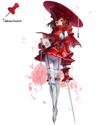 Rule 34 | 1girl, absurdres, armor, black gloves, black hair, book, flower, full body, glint, gloves, grey eyes, highres, holding, holding book, holding sword, holding weapon, looking at viewer, medium hair, open mouth, original, pants, personification, petals, pink flower, reading, red armor, red headwear, rinotuna, rose, shadow, solo, standing, sword, thumbtack, weapon, white background, white pants